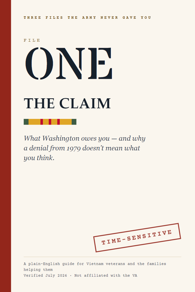 FILE ONE — The Claim. Red spine band, service stripe, TIME-SENSITIVE stamp.