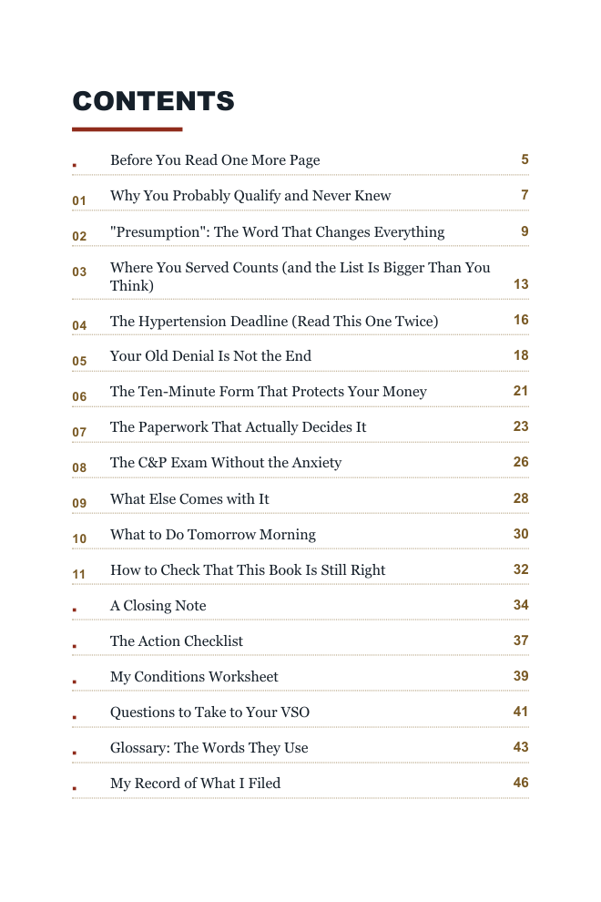 FILE ONE contents page — eleven chapters and five appendices, from Why You Probably Qualify to My Record of What I Filed